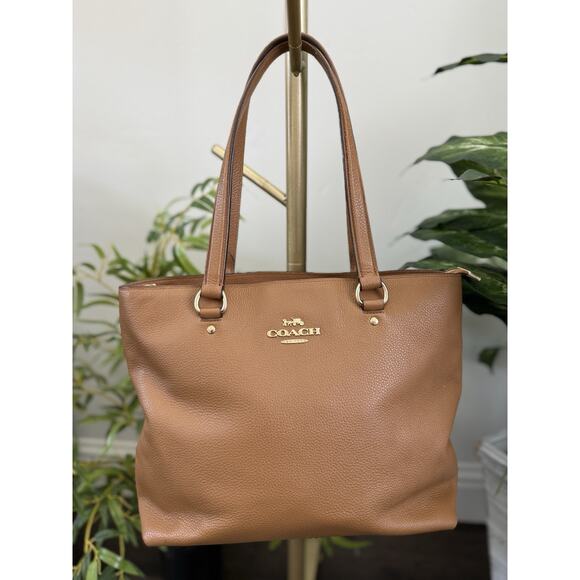 COACH Tan Brown Pebbled Leather Bay Tote Zip Top Double...